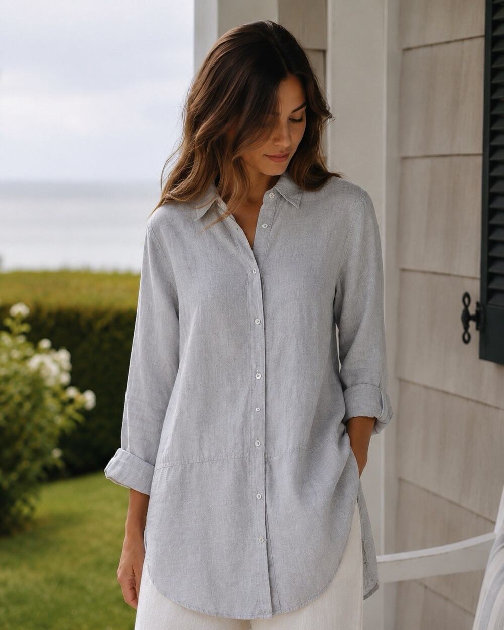 Tahari Gray 100% Linen Button Up Tunic Shirt Roll Tab Slv S Minimalist Coastal